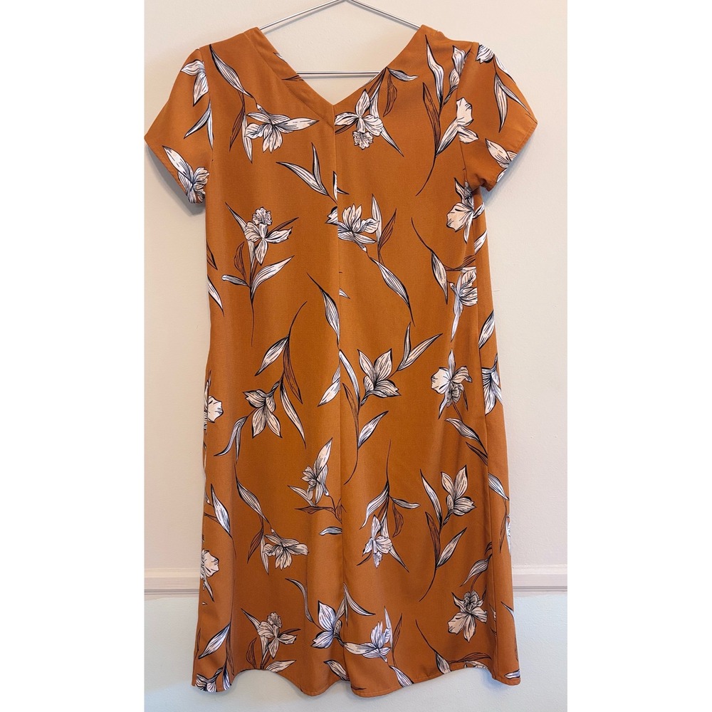 Women's XS Rust Orange Floral Mini Dress Boho Cottagecore Short Sleeve Pockets
